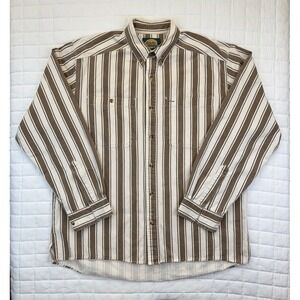 VTG Cabela's Mens Striped Brown/Beige 100% Cotton Button-Up Size XL Outdoor